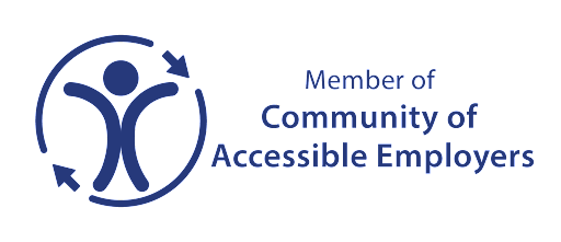 Logo with a stylized person and arrows, alongside the text “Member of Community of Accessible Employers."